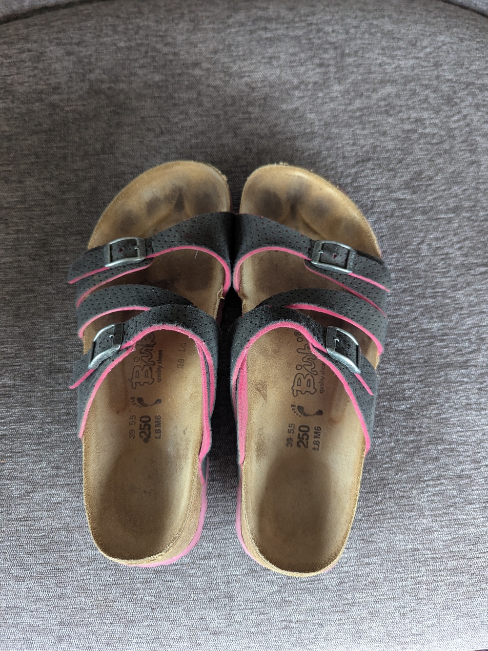 Women's Dark Navy Slide Sandals with Pink Trim — Double Buckle Comfort